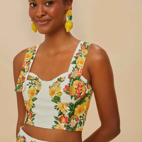 FARM Rio Off-White Picnic Flowers Euroflax™ Premium Linen Crop Top Size MPICNIC - Picture 3 of 3